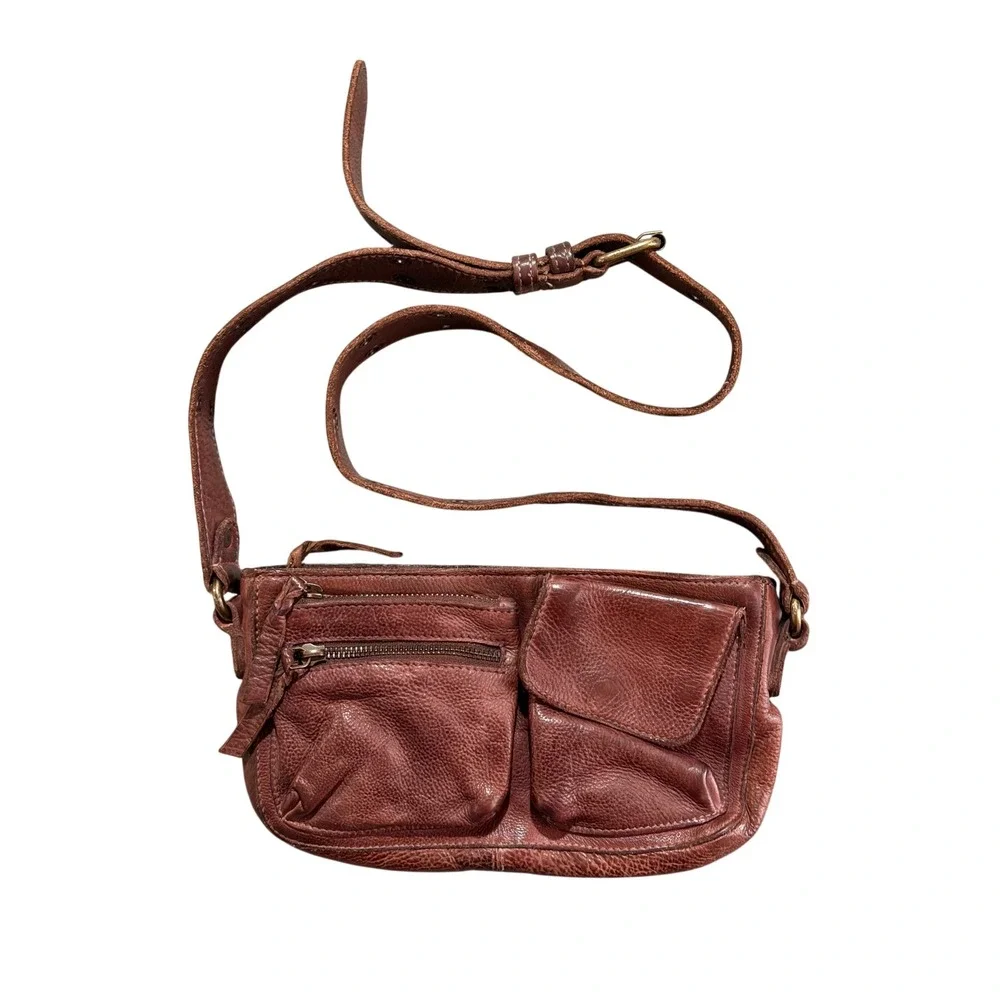 Free People Leather Crossbody Bag Womens Small Brown Utility Multi Pocket Boho